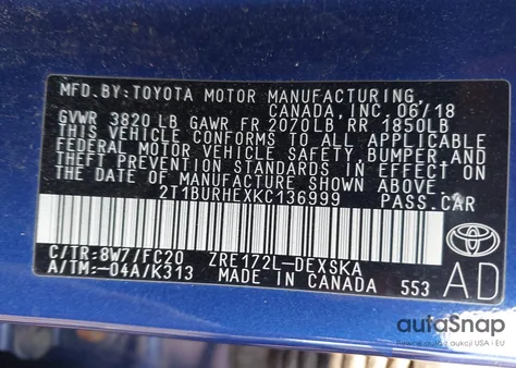 2019 Toyota Corolla Se from USA, damaged, VIN 2T1BURHEXKC136999